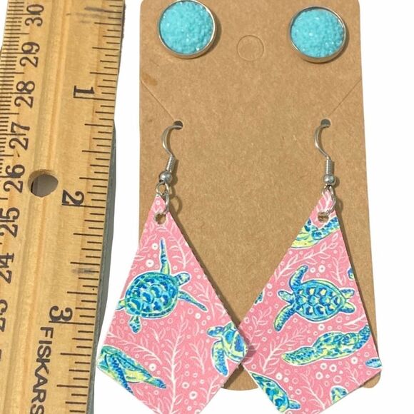 Sea Turtle Pink Dangle Earrings Blue Druzy Stud - Picture 3 of 3